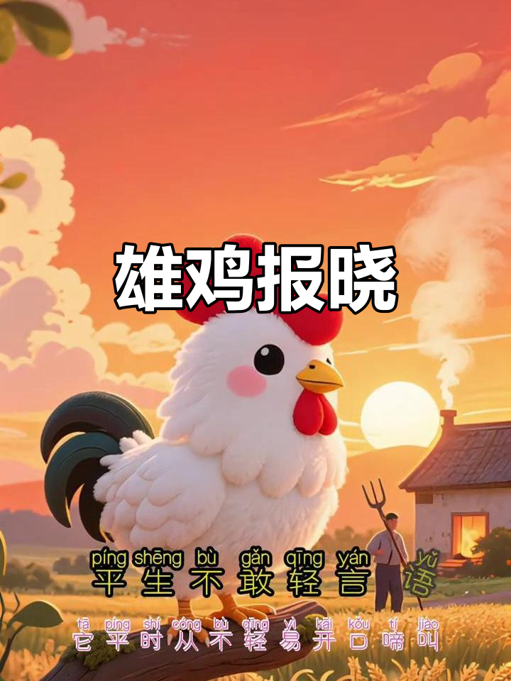 公鸡威武,雪白羽毛映红冠,一鸣惊人,唤醒千家万户