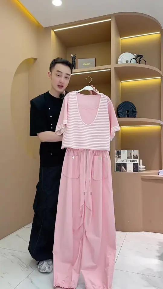 2025欧货夏季新品 肉粉色条纹双层假两件设计阔版短袖上衣 搭配粉色工装裤