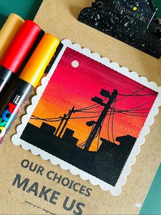 丙烯马克笔画城市夕阳～100张丙烯马克笔小画打卡第62张。临摹自handmadeby_kg