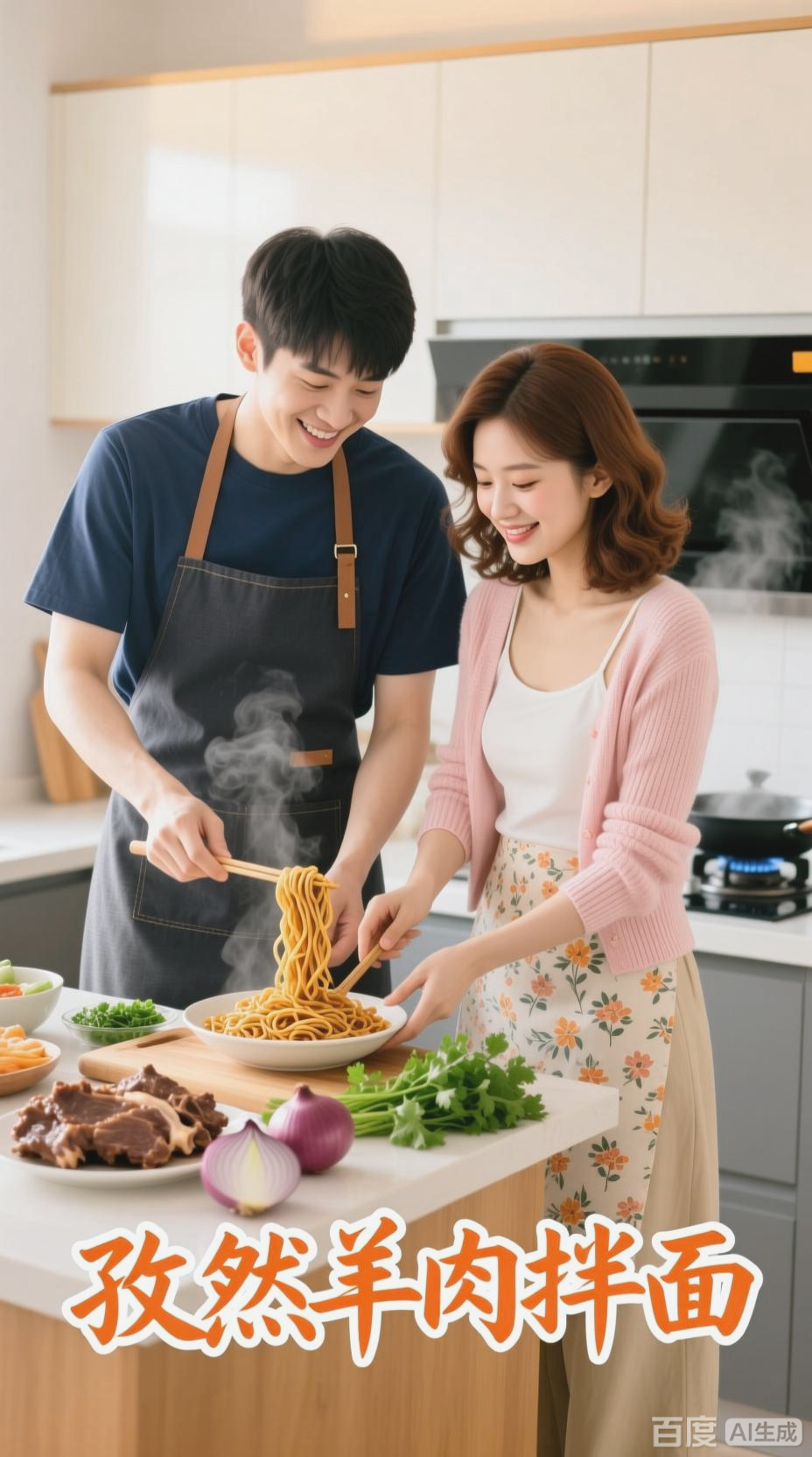 情侣携手,共制美味孜然羊肉拌面