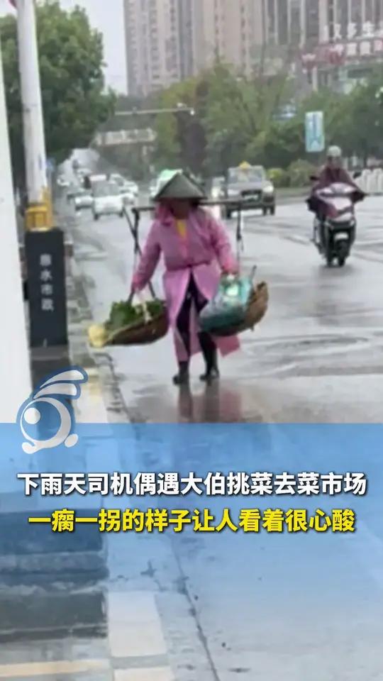 下雨天司机偶遇大伯挑菜去菜市场,一瘸一拐的样子让人看着很心酸,于是她立马决定下车买完所有菜
