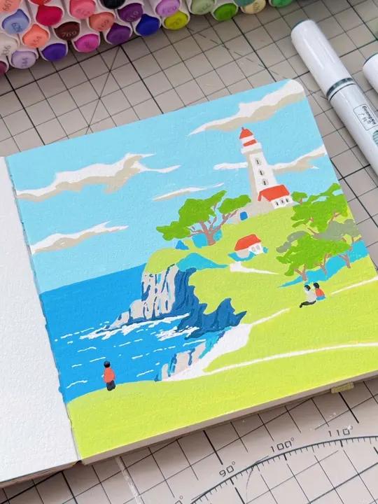 一画就着迷的海边风景画|海边灯塔 画画画画使我快乐丙烯马克笔画了个画跟着抖音学画画