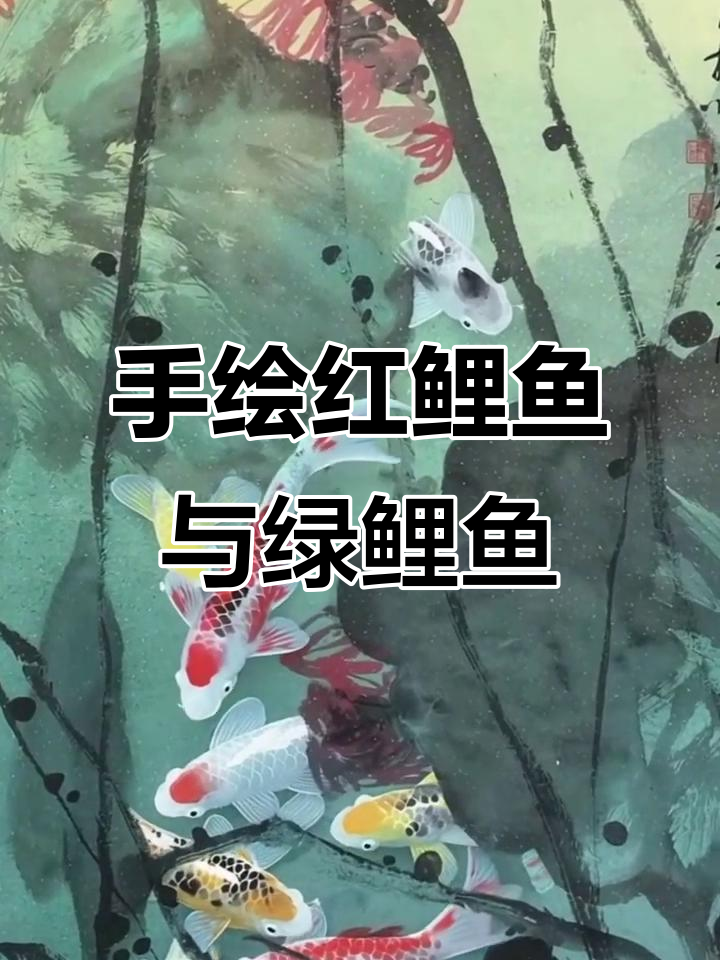 纯手绘国画：红鲤鱼与绿鲤鱼的生动演绎