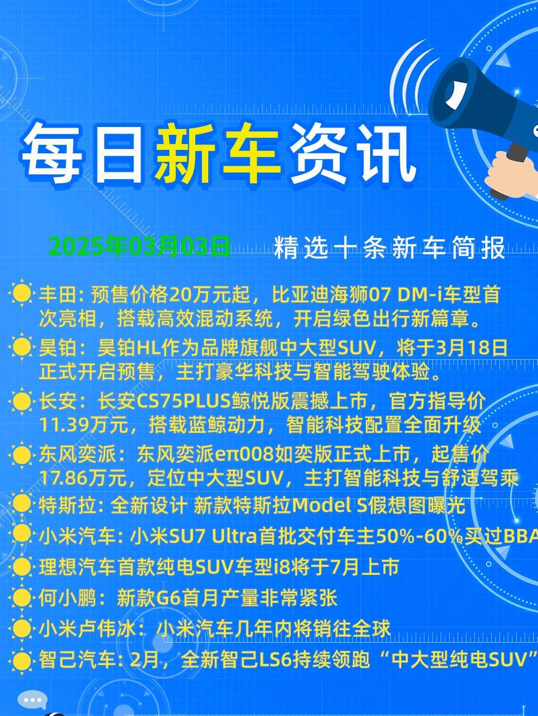 每日新车资讯 2025年03月03日 每日新车资讯 2025年03月03日 丰田:预售20