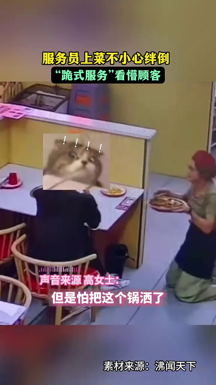 服务员上菜不小心绊倒,“跪式服务”看懵顾客。顾客“怎么吃个饭还给我行大礼”