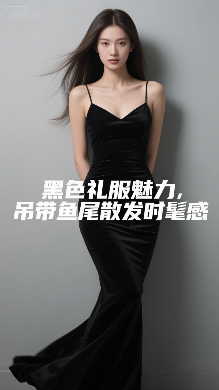 黑色礼服魅力,吊带鱼尾散发时髦感