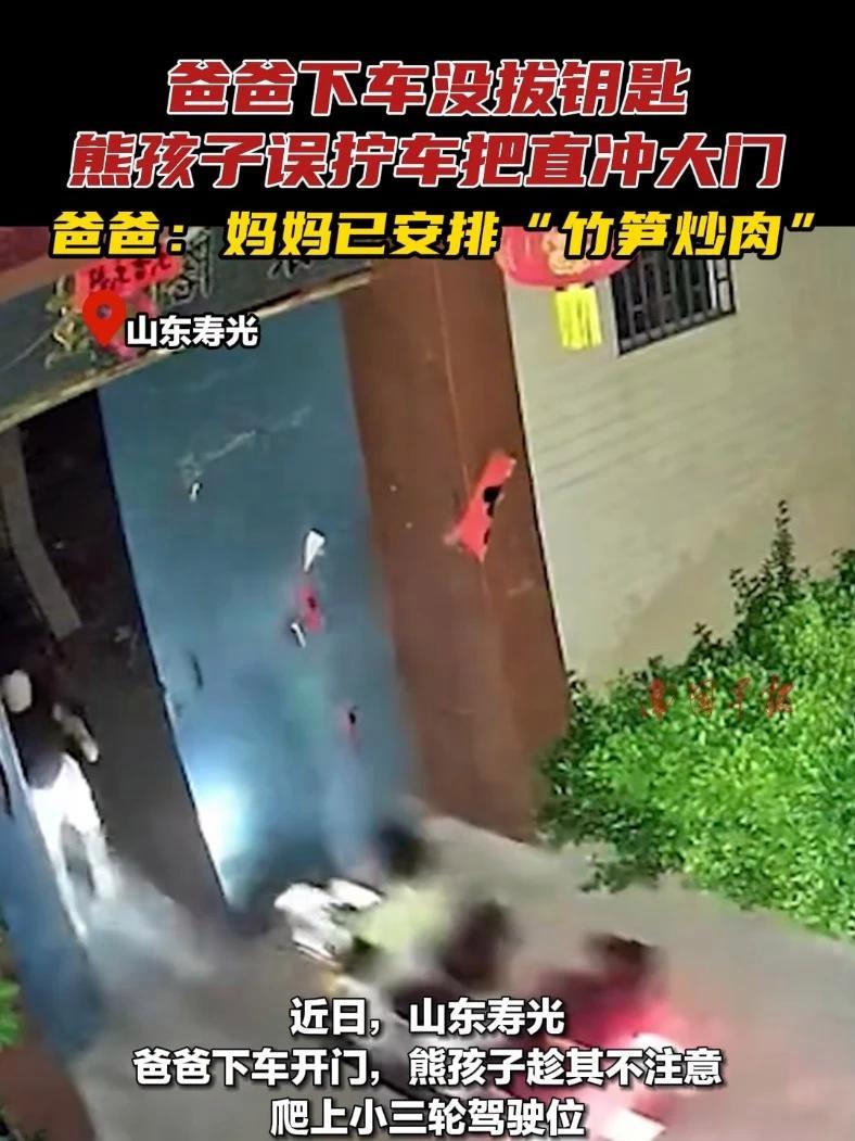 爸爸下车没拔钥匙,熊孩子误拧车把直冲大门!爸爸:妈妈已安排“竹笋炒肉” 熊孩子 爸爸带娃 