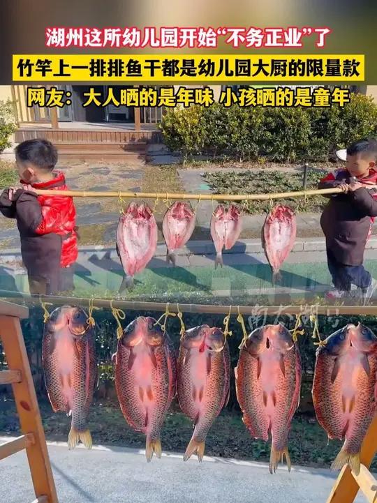 湖州这所幼儿园开始“不务正业”了!竹竿上一排排鱼干都是幼儿园大厨的限量款。网友:大人晒的是