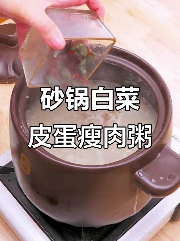 砂锅炖出美味白菜皮蛋瘦肉粥,香气扑鼻让人无法抗拒