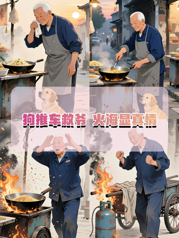 爷爷炒饭摊煤气着火,结果狗舍身把车推水里