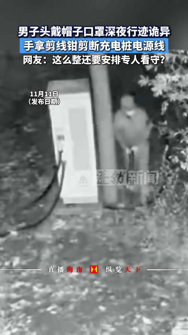 男子头戴帽子口罩深夜行迹诡异，手拿剪线钳剪断充电桩电源线