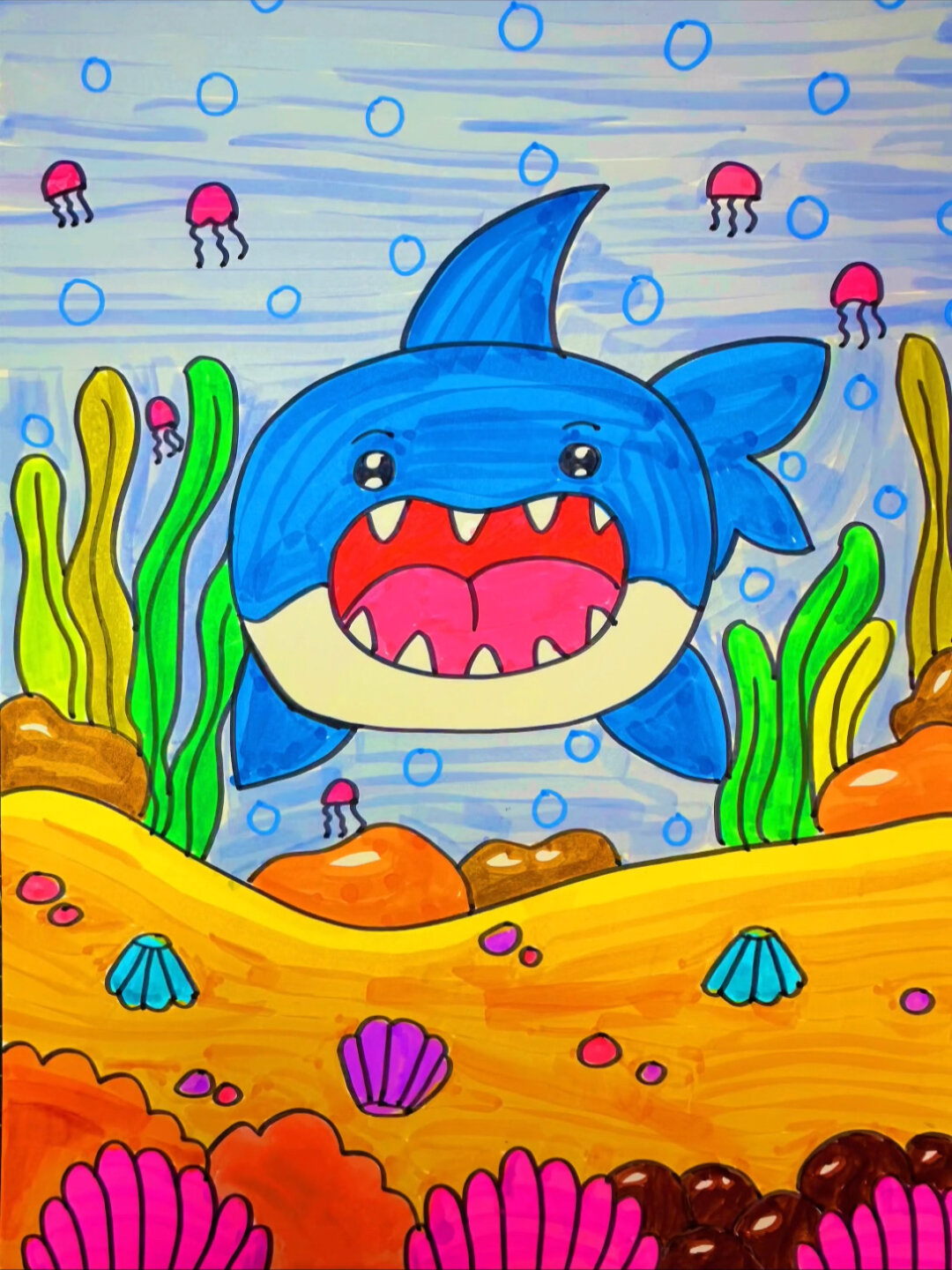 海底世界鲨鱼简笔画儿童创意