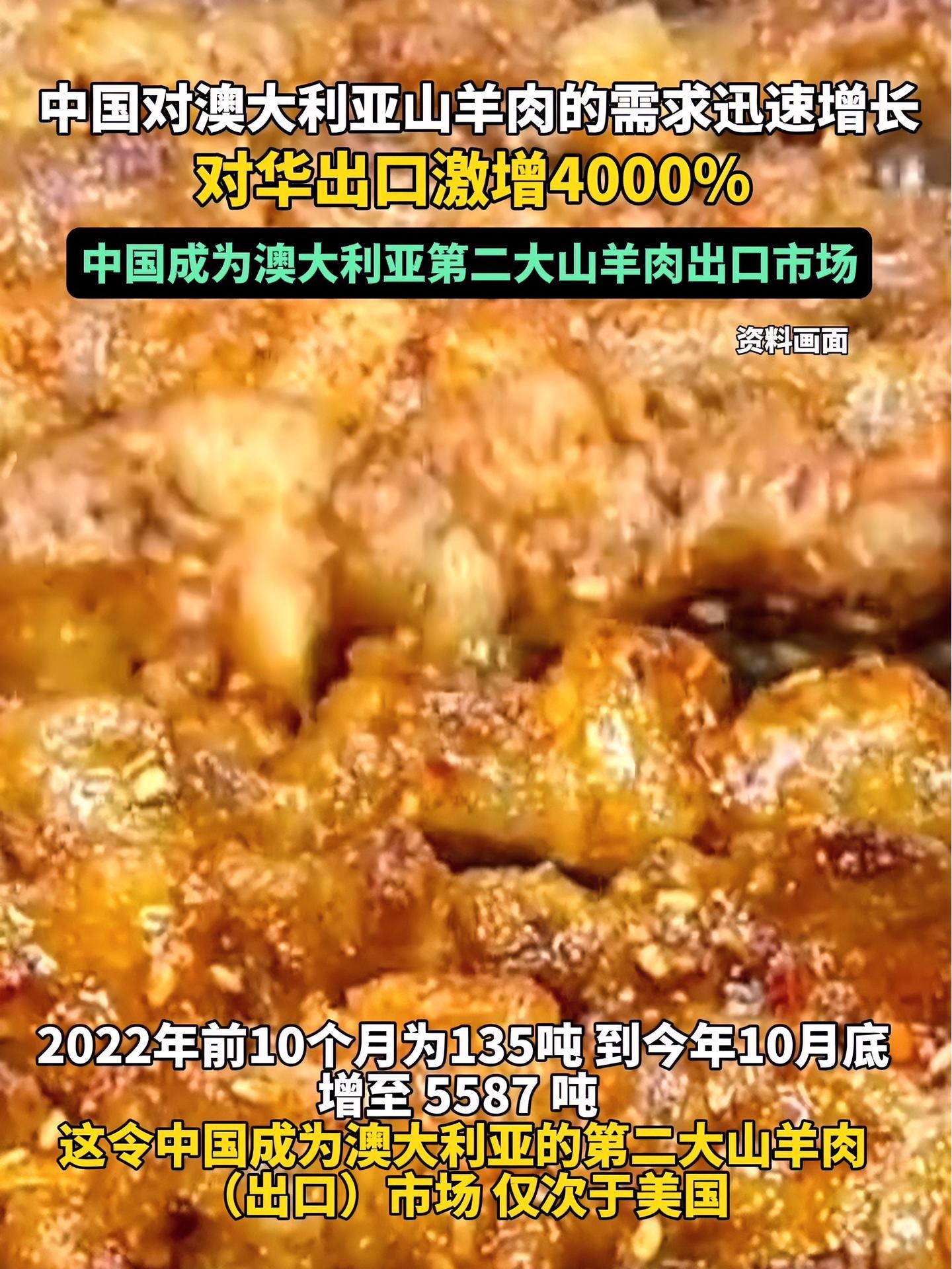澳大利亚山羊肉对华出口一年内激增逾4000% 中国成为澳大利亚第二大山羊肉出口市场 羊肉