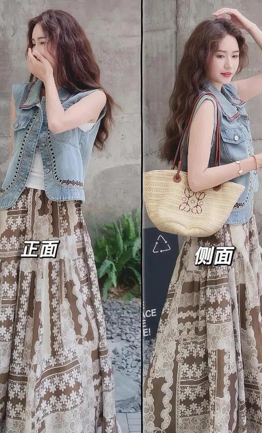 松弛感复古套装裙女2025夏季新款ins风韩系牛仔马甲T恤印花半身裙