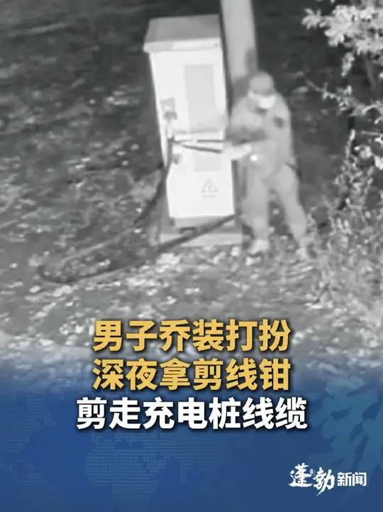男子头戴帽子口罩深夜行迹诡异，手拿剪线钳剪断充电桩电源线，网友：这么整还要安排专人看守？