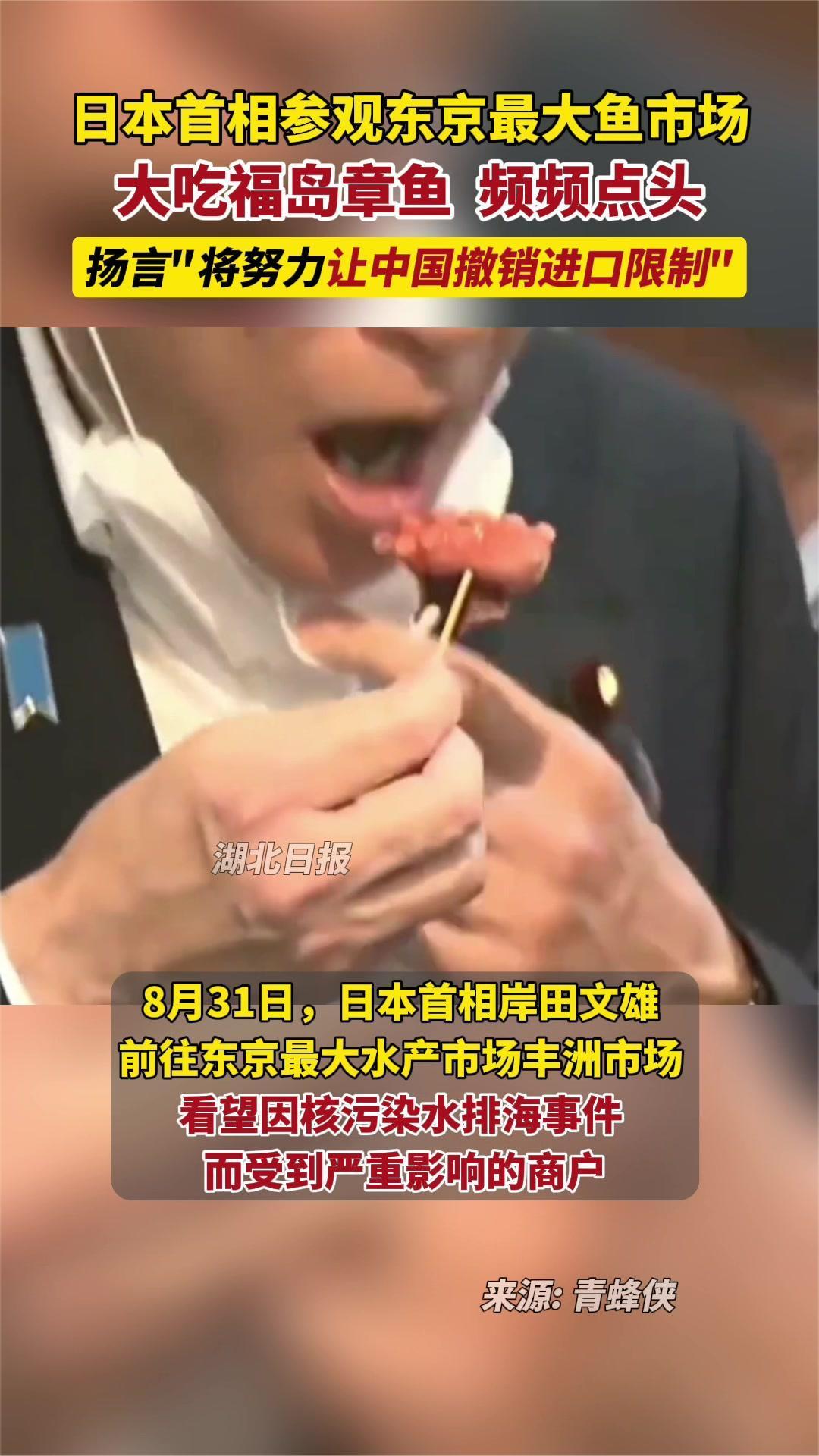 日本首相岸田文雄参观东京最大鱼市场,大吃福岛章鱼!