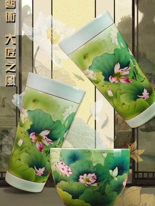 手绘陶瓷金鱼缸睡莲盆荷花花瓶三件套 炎夏与清甜的夏荷相伴夏天就是赏荷的季节呀,手绘荷花搭配