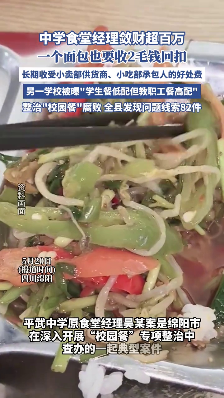 四川绵阳一中学食堂经理敛财超百万,一个面包也要收2毛钱回扣