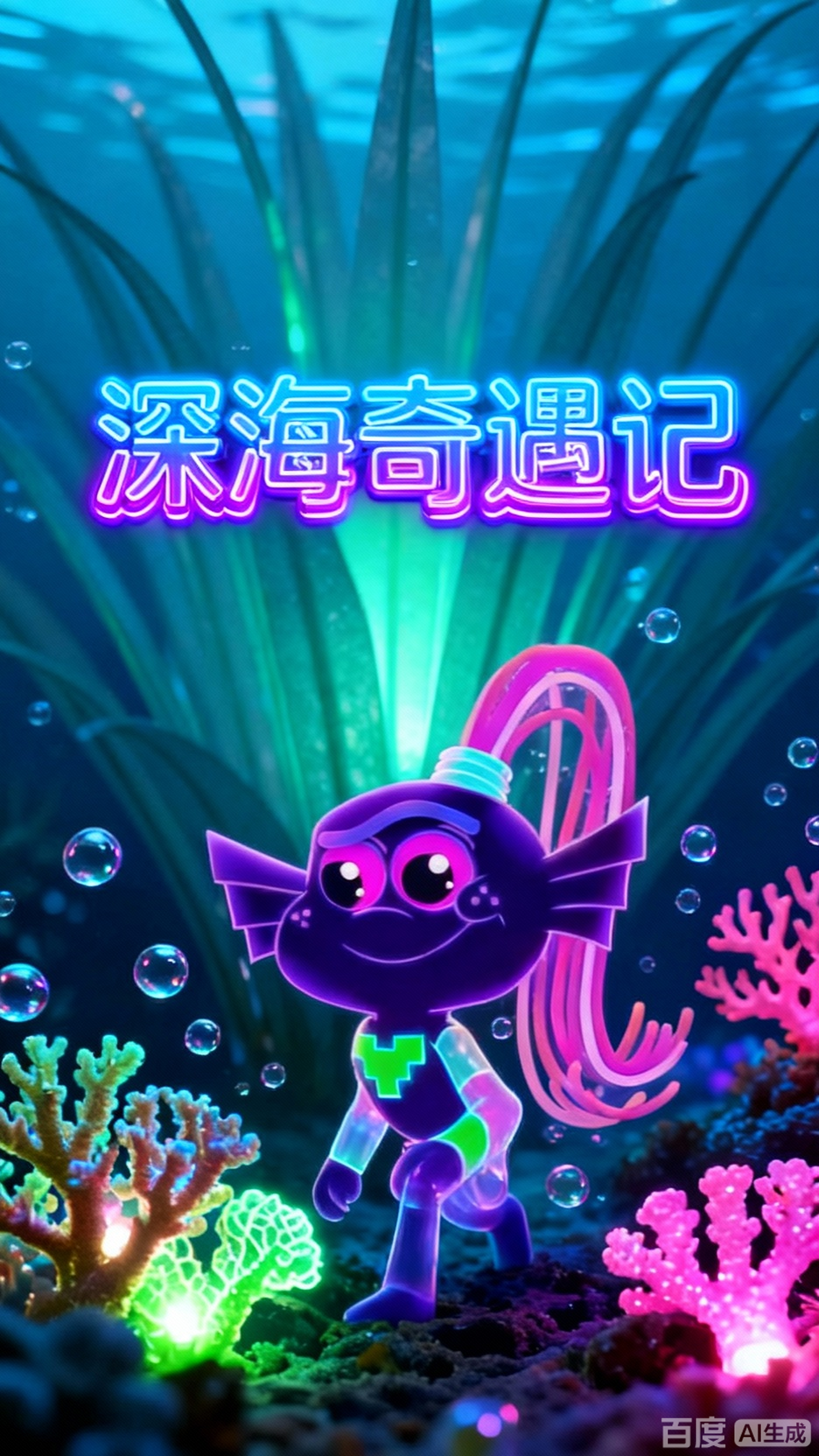 紫色卡通角色鱼弟的奇幻之旅