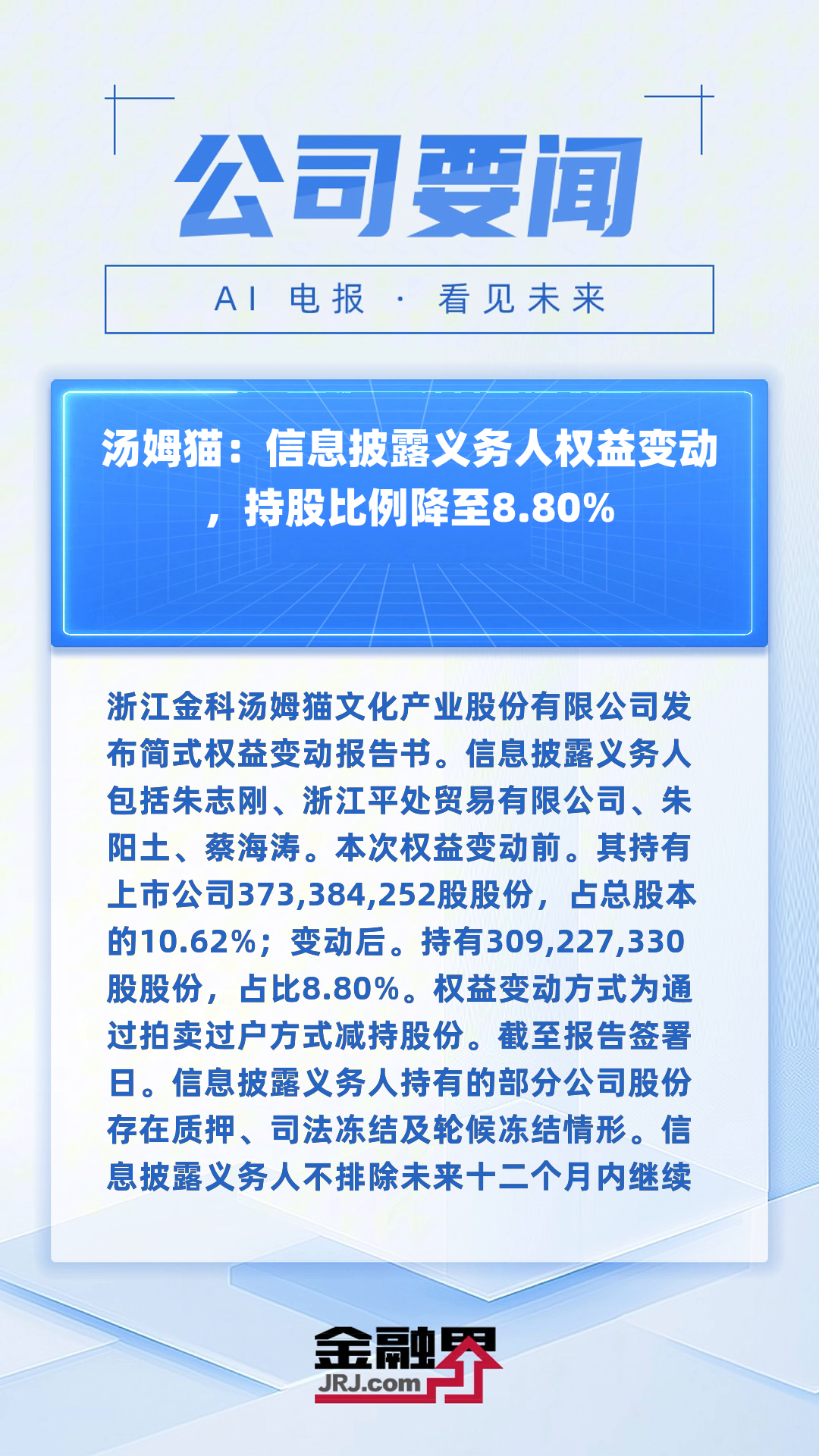 汤姆猫:信息披露义务人权益变动,持股比例降至8.80%|快报