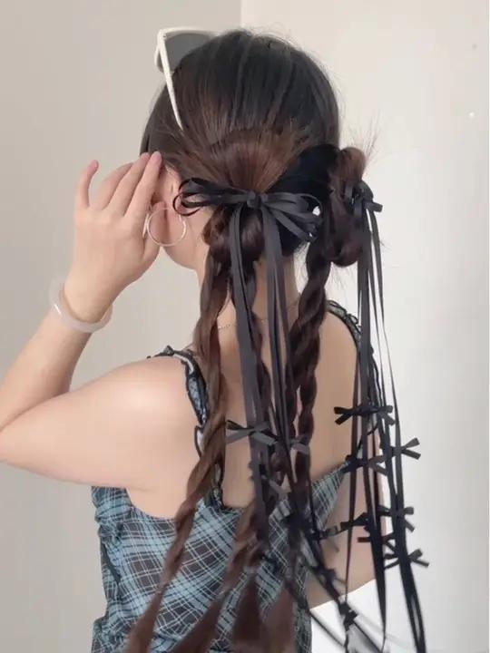Y2K芭蕾风蝴蝶结少女双马尾编发