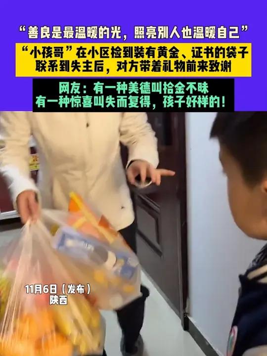 11月6日(发布)陕西,“善良是最温暖的光,照亮别人也温暖自己”,“小孩哥”在小区捡到装有