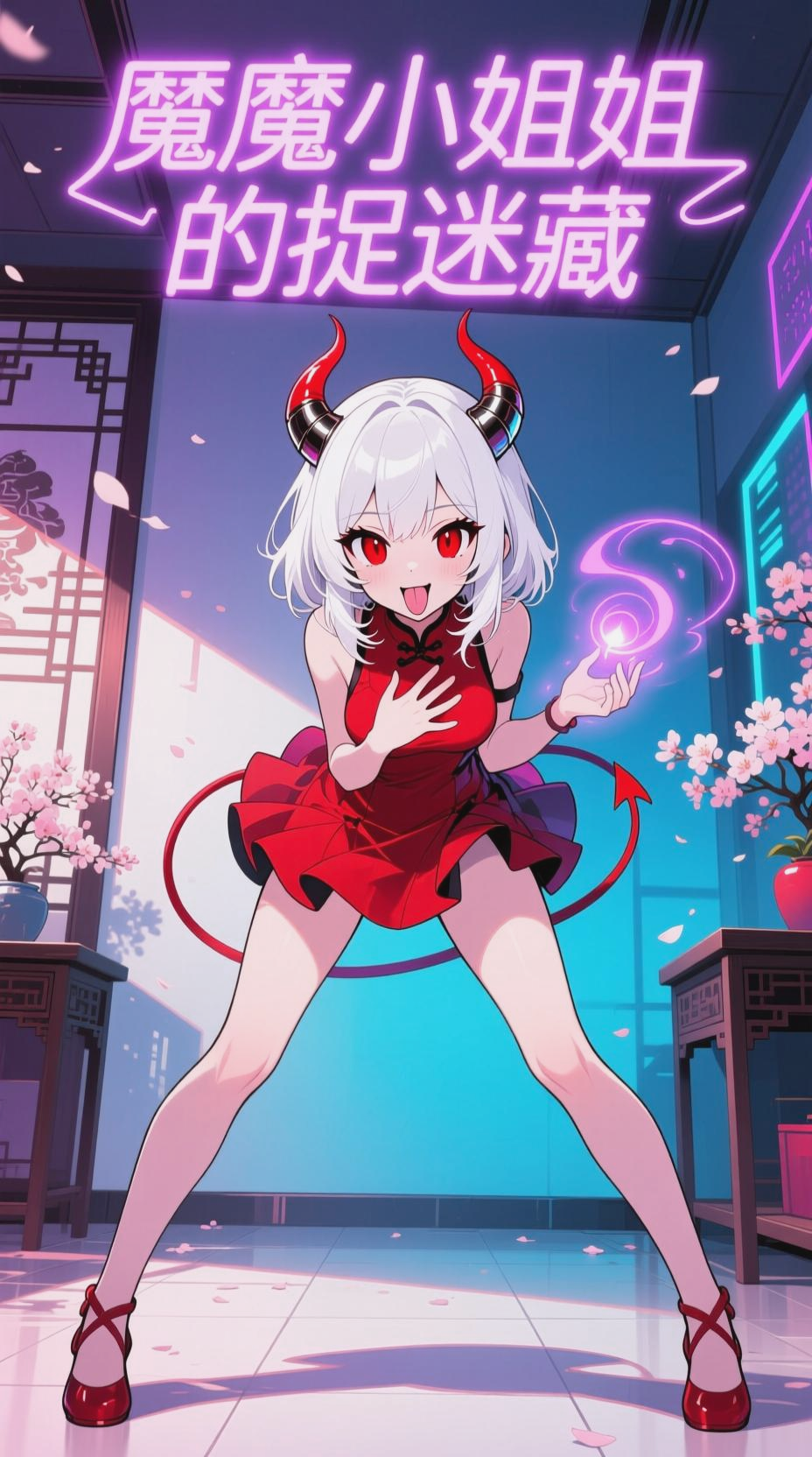 白发红眼恶魔角的俏皮演绎