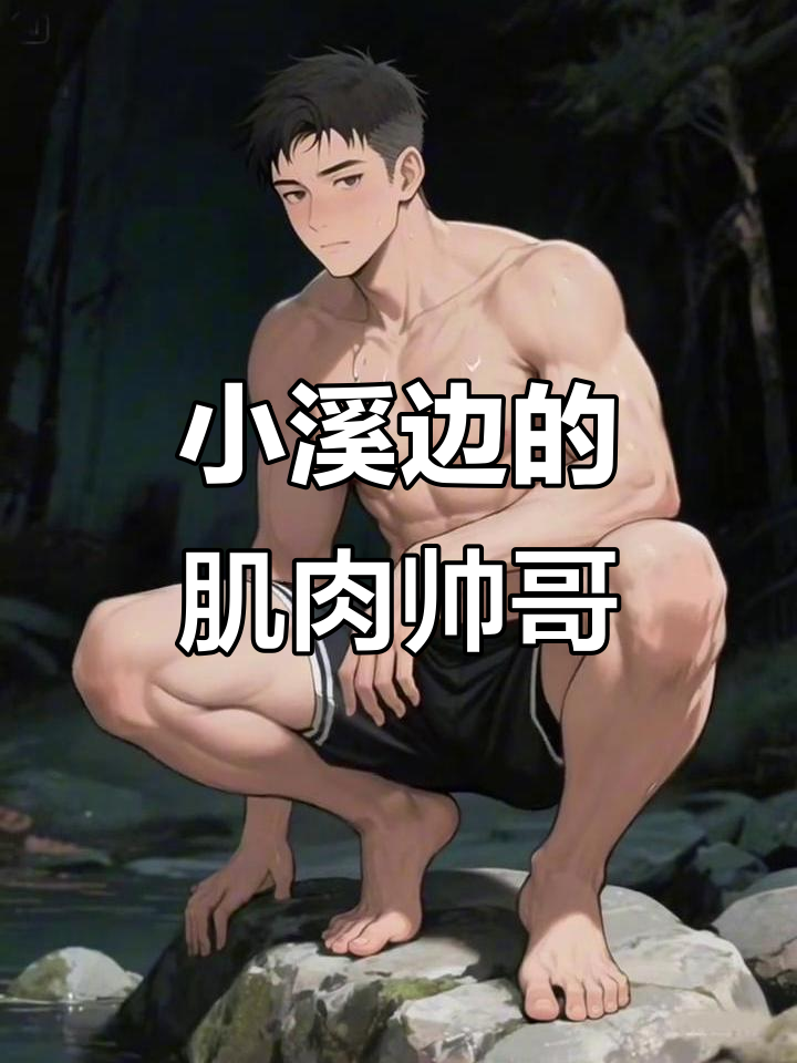 森林小溪中的肌肉男,腹肌胸肌完美展现
