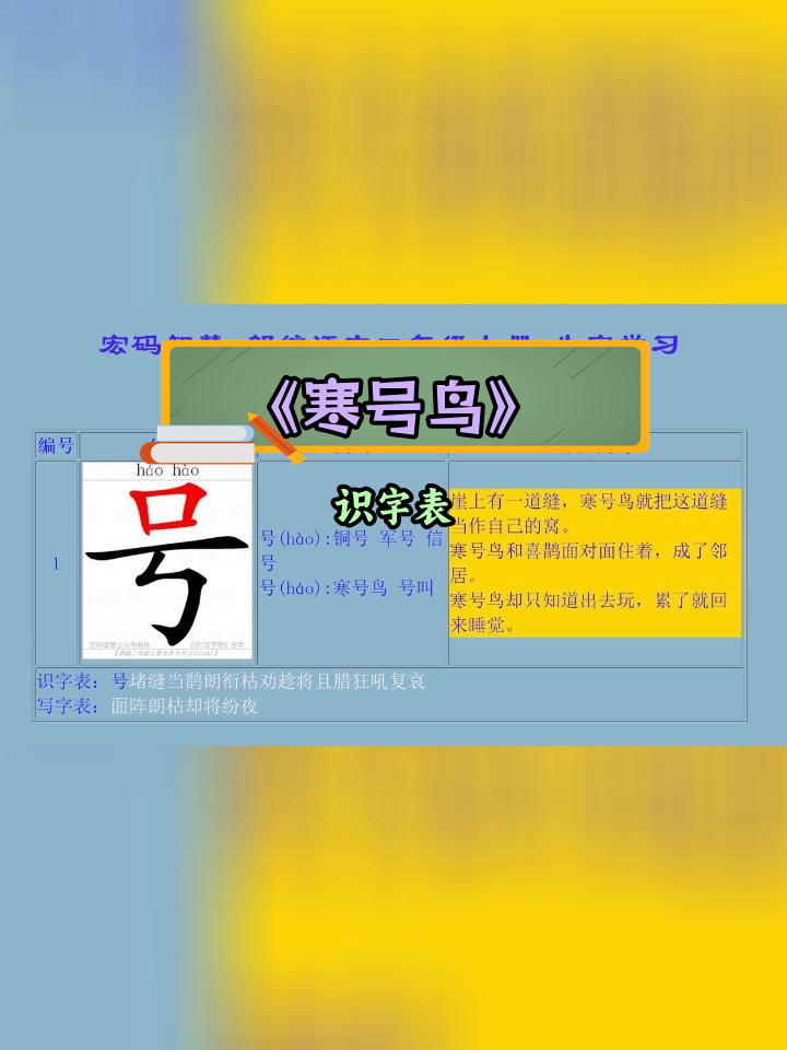 二年级语文《寒号鸟》生字学习,字形、读音与组词解析