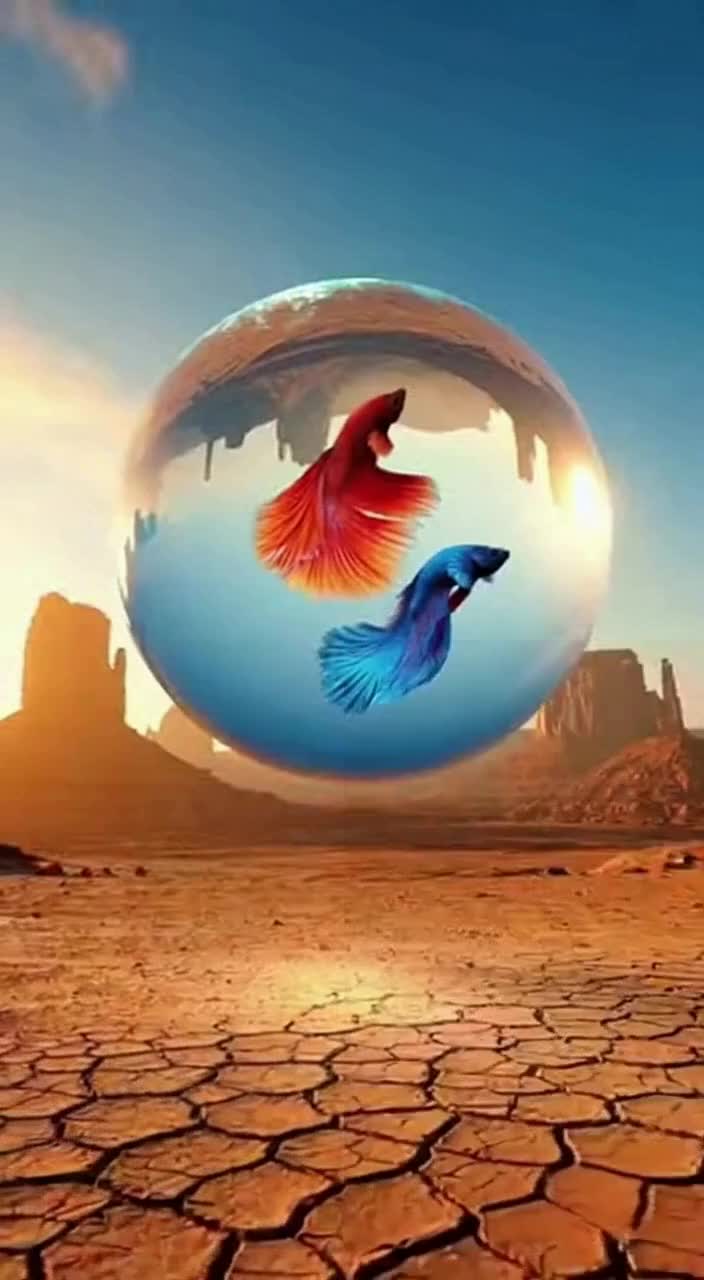 沙漠上空飘着，装着斗鱼的水球！