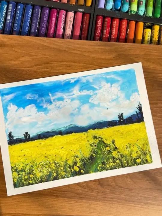又到了油菜花花开的季节!那就送你一片油菜花海吧!#画画 #油画棒 #油画棒教程 #风景画 