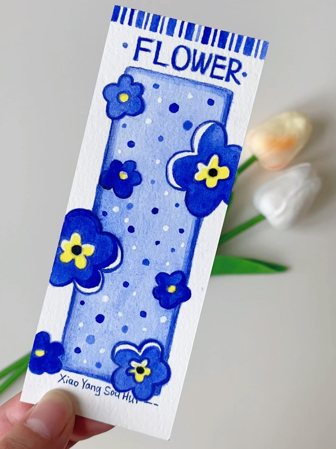 简单花花手绘书签|简笔画过程|小清新水彩