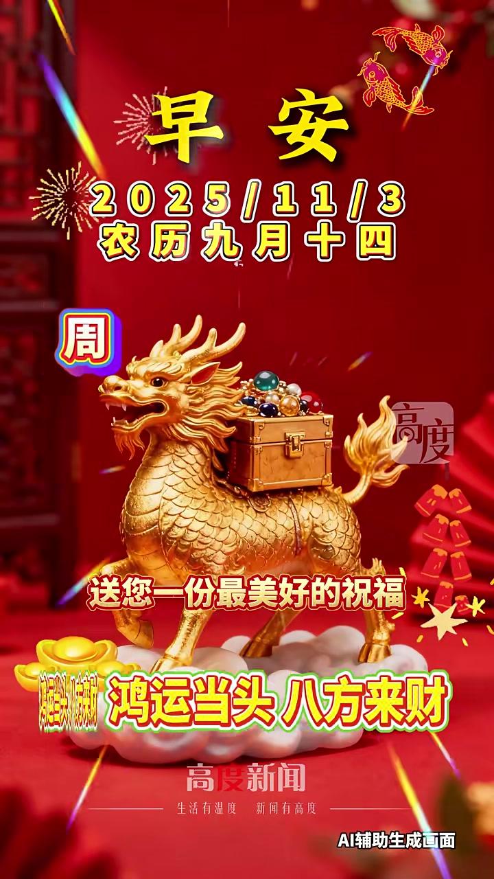 新的一周开始了,送您一份最美好的祝福:愿您鸿运当头,诸事皆发,所遇皆欢喜,所得皆吉祥,愿您