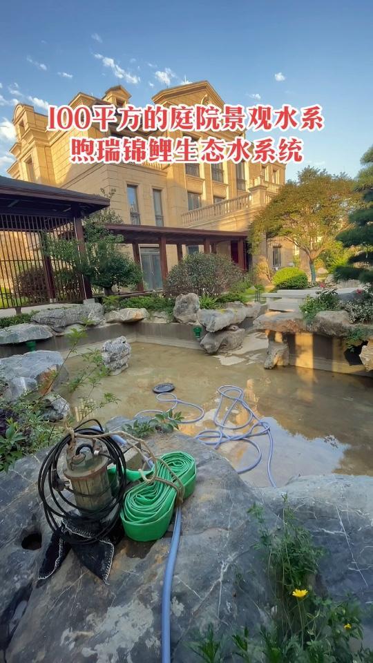 100平方的庭院景观水系,池子虽浅,养点小鱼,过滤系统也是必不可少的。庭院鱼池 鱼池过滤 