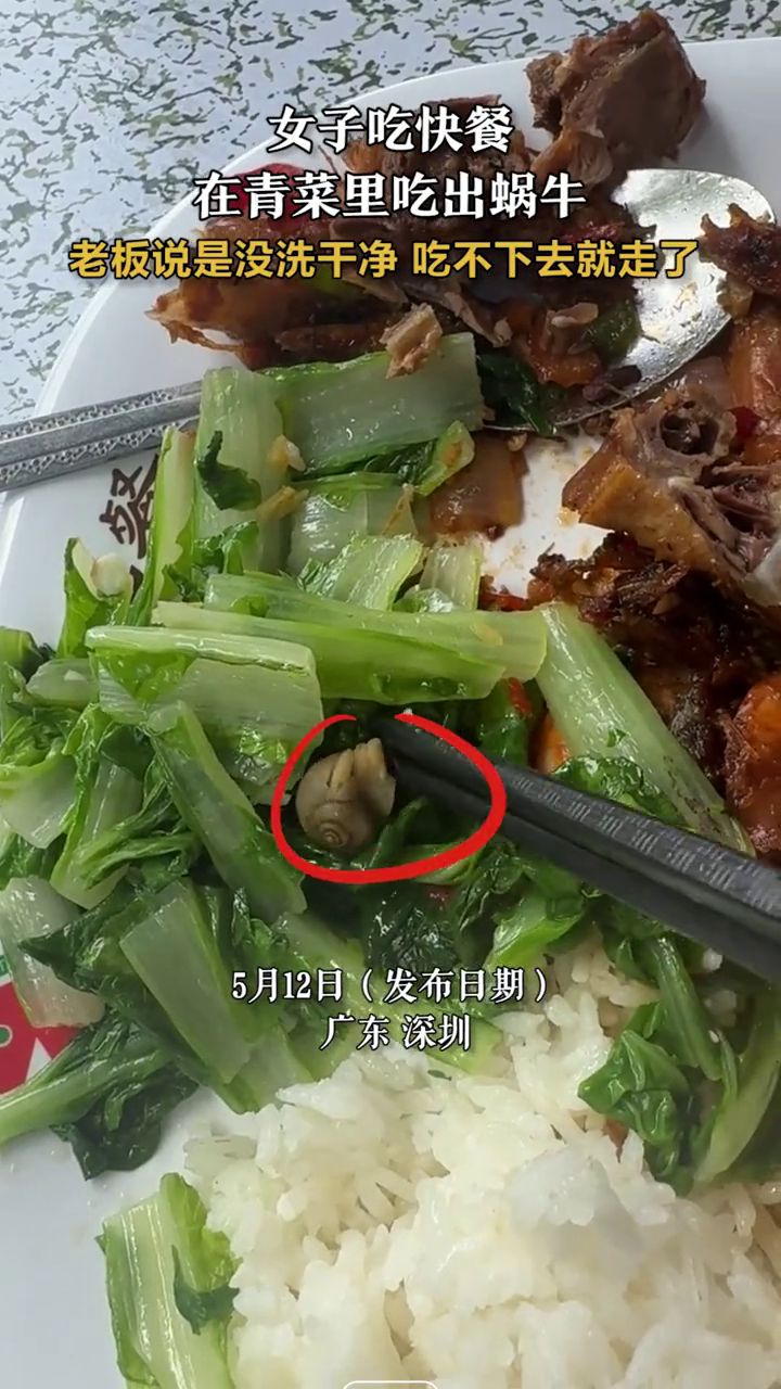 女子吃快餐在青菜里吃出蜗牛 老板说是没洗干净