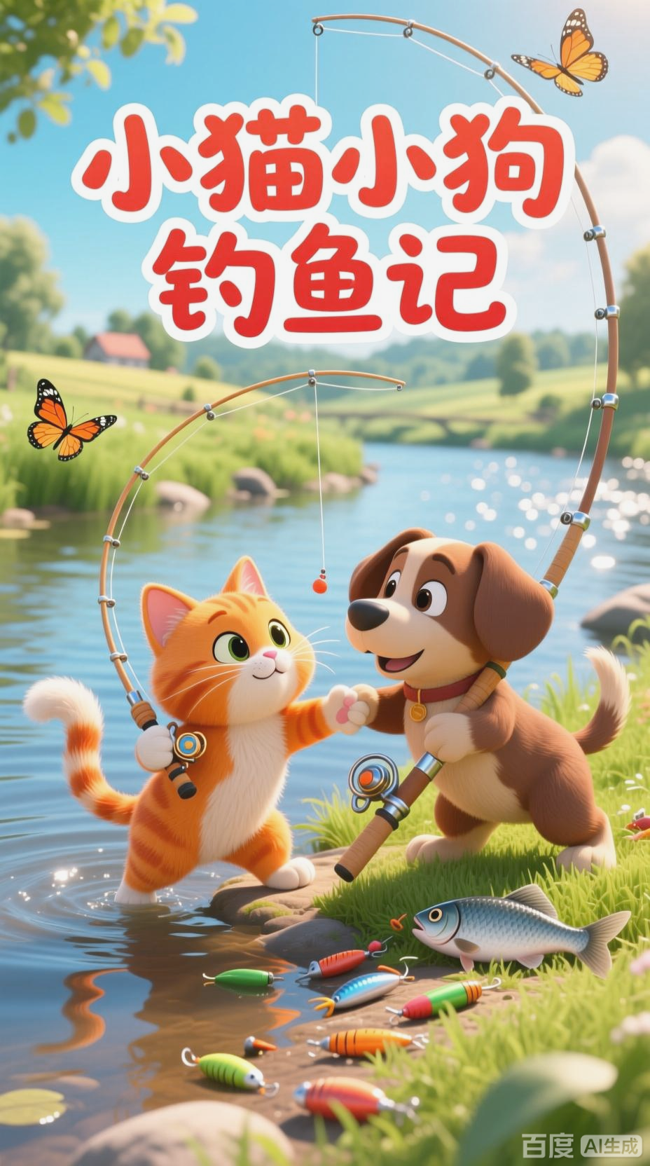 小猫小狗的钓鱼趣事