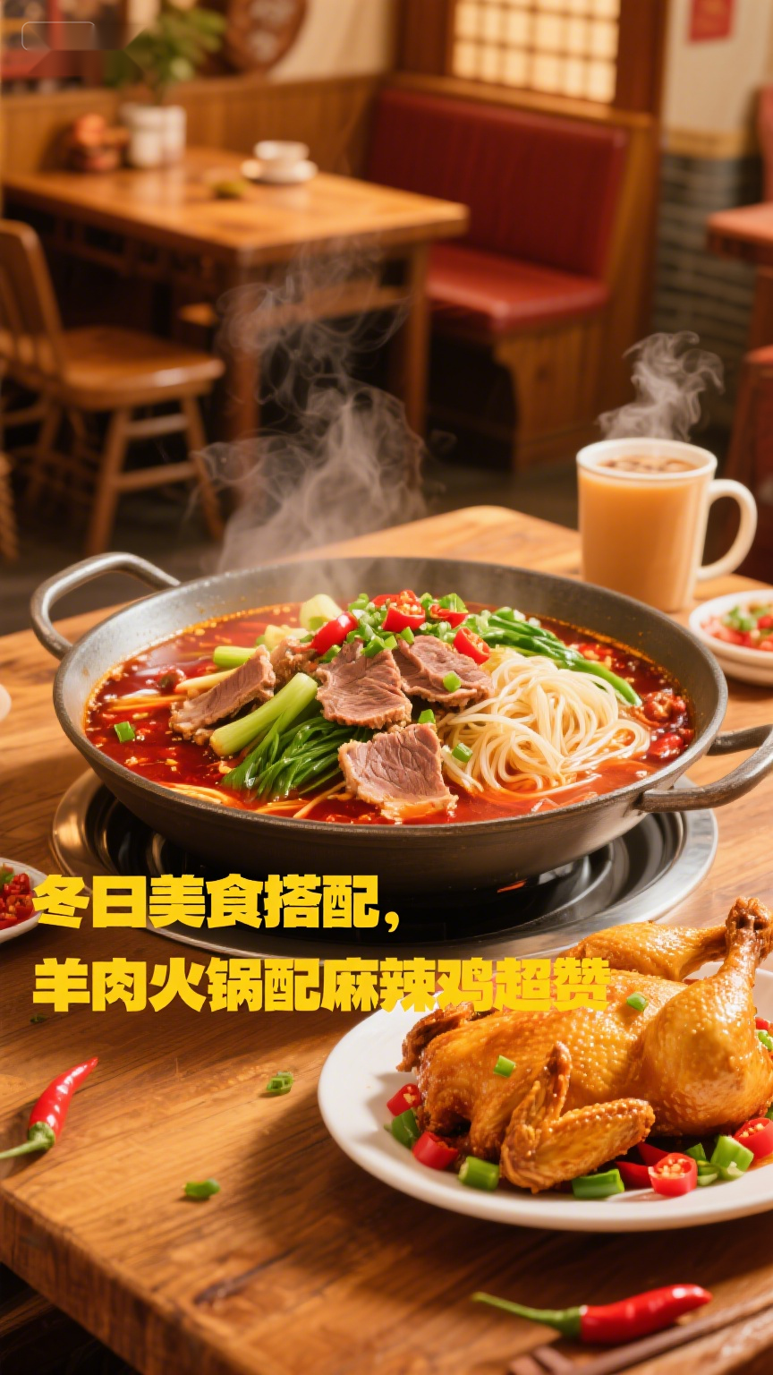冬日美食搭配,羊肉火锅配麻辣鸡超赞