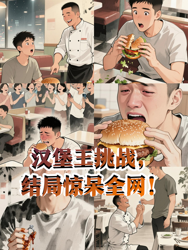 大胃王挑战巨型汉堡，最后一口竟吃出钻戒！