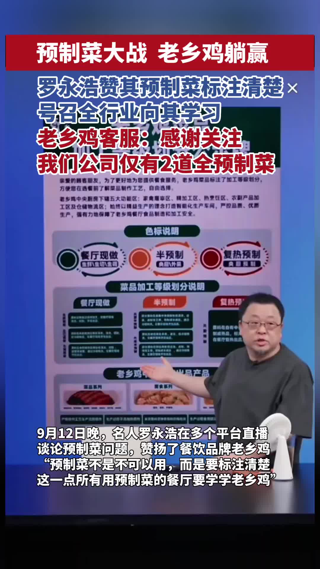 「视频」罗永浩点名赞扬老乡鸡“预制菜标注清楚”,老乡鸡客服:我们仅有2道预制菜