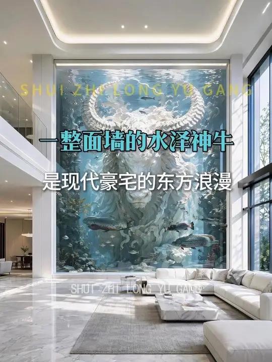 一整面墙的水泽神牛，是现代豪宅的东方浪漫 #浮雕壁画 #十二生肖壁画 #猛鱼缸 #巨骨舌鱼