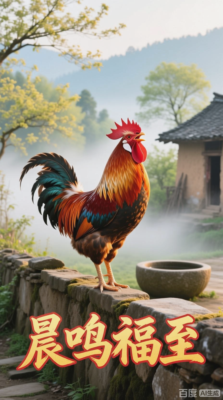 公鸡打鸣,吉祥如意