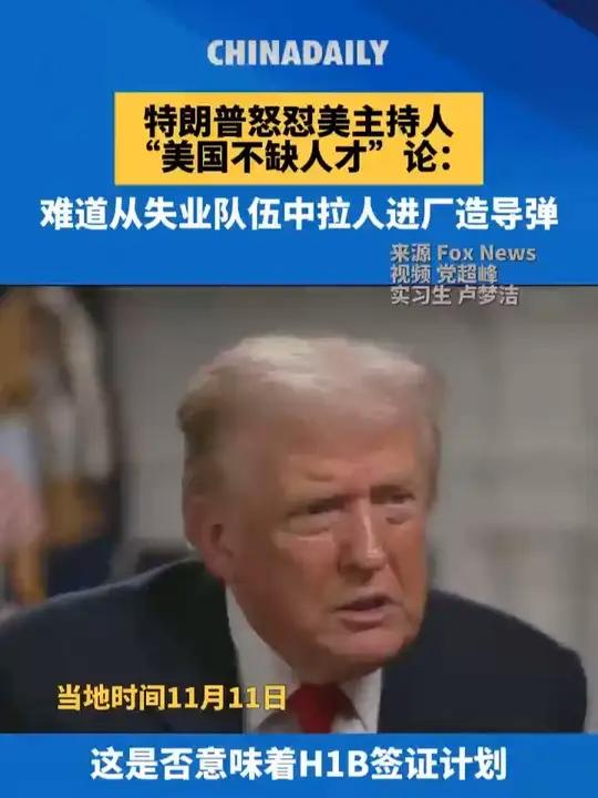 当地时间11月11日,美国总统特朗普接受福克斯新闻频道主持人采访,在谈到H1B工作签证时,
