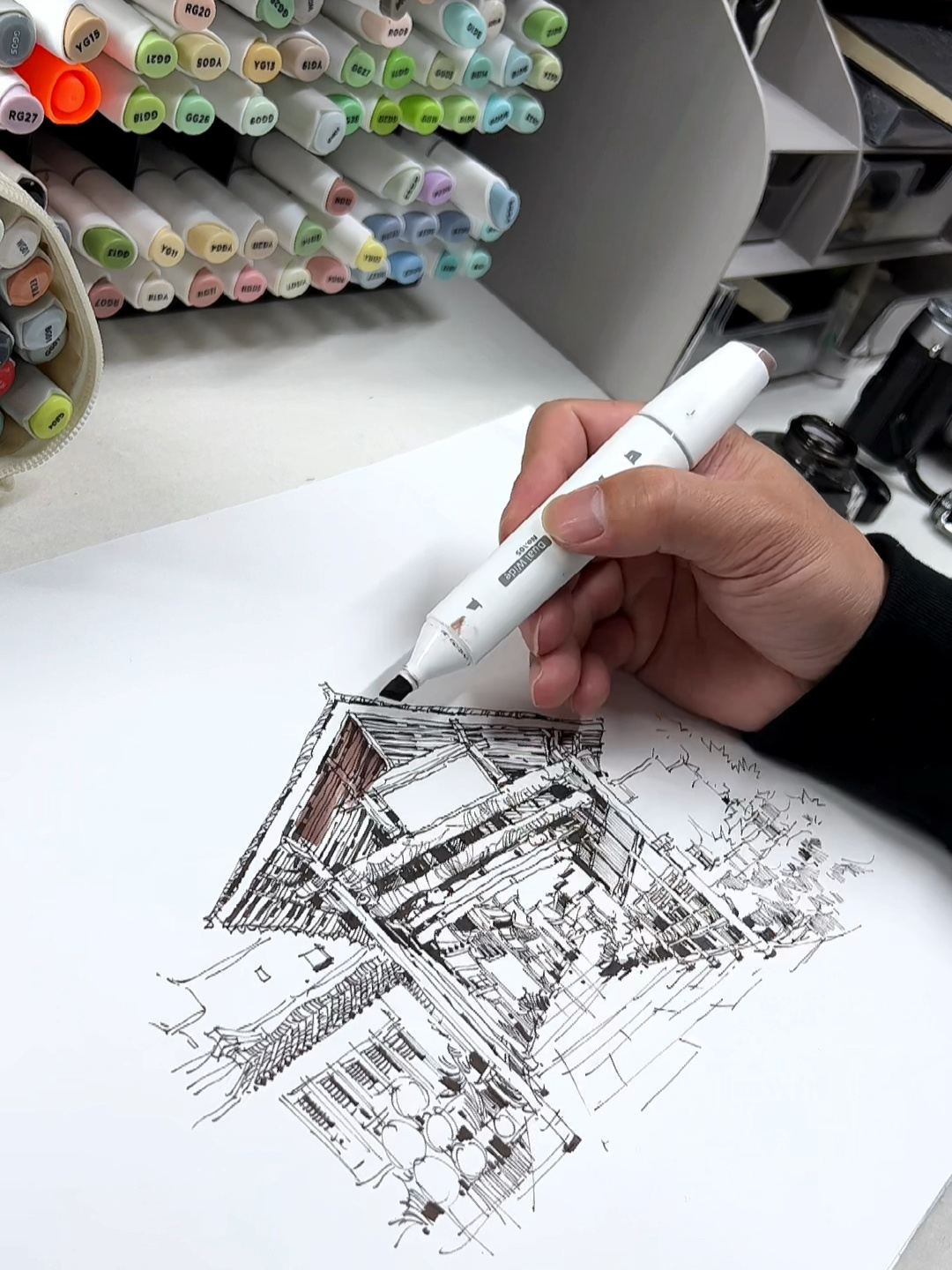 沉浸式马克笔速写/画徽州屏山