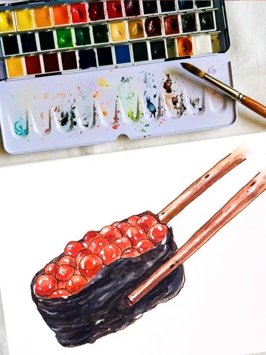 水彩教程|钢笔淡彩鱼子酱寿司
