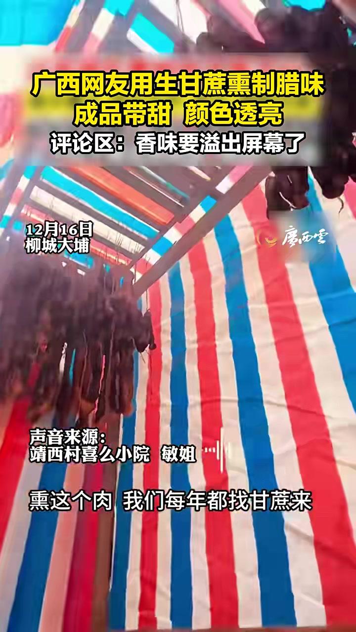 广西一网友用生的甘蔗熏制腊肠腊肉,成品烟熏香味中带点甜味,颜色油亮透红。评论区:香味都要溢