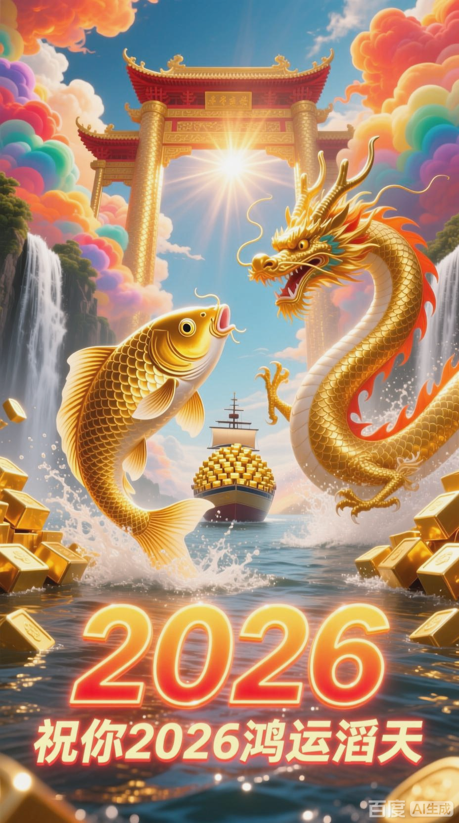 金色鲤鱼跃龙门,鸿运涛天迎财源