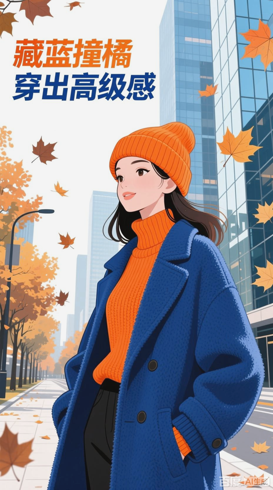 藏蓝外套与橘色帽衫的时尚碰撞
