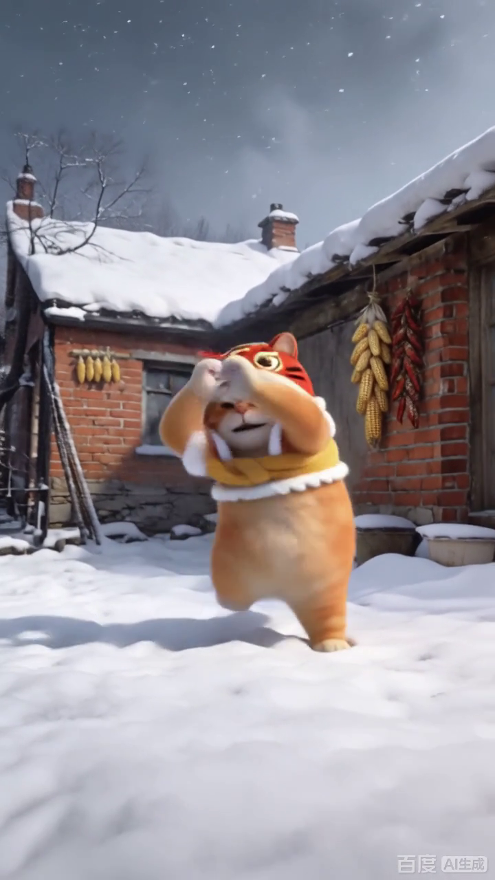 虎帽橘猫雪地搞怪