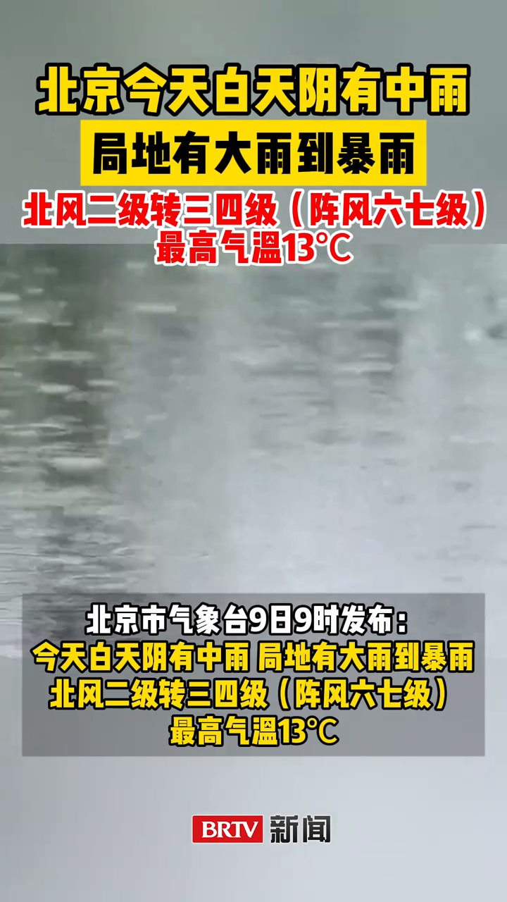 北京今天白天阴有中雨,局地有大雨到暴雨