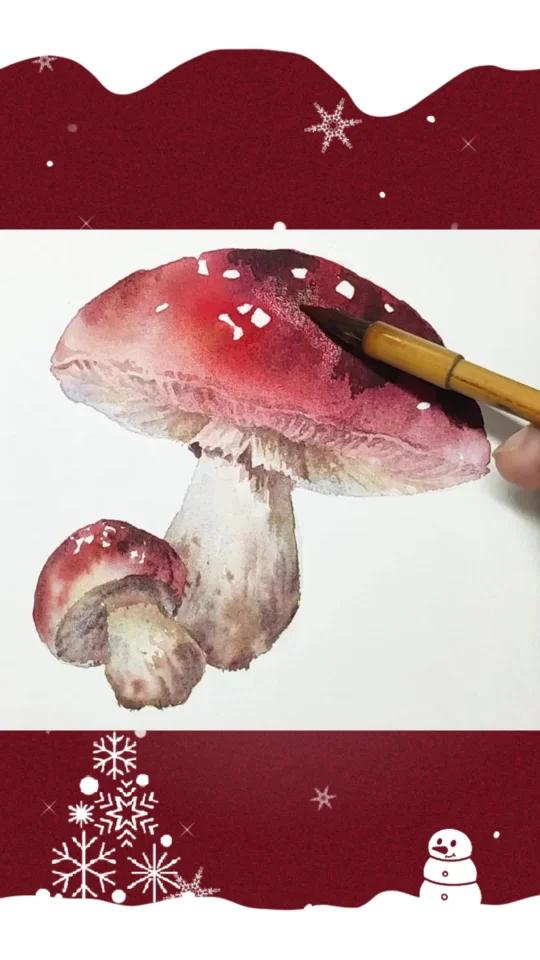鲜掉眉毛的菌菇画法，新手水彩教程来咯~